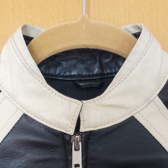 Wilsons Leather Black and Cream 100%  Leather Jacket Zip-Up Stand-Up Collar moto - Picture 2 of 15